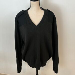 Military Sweater V Neck Pullover Unisex Wool blend Large Elbow Patch Vintage